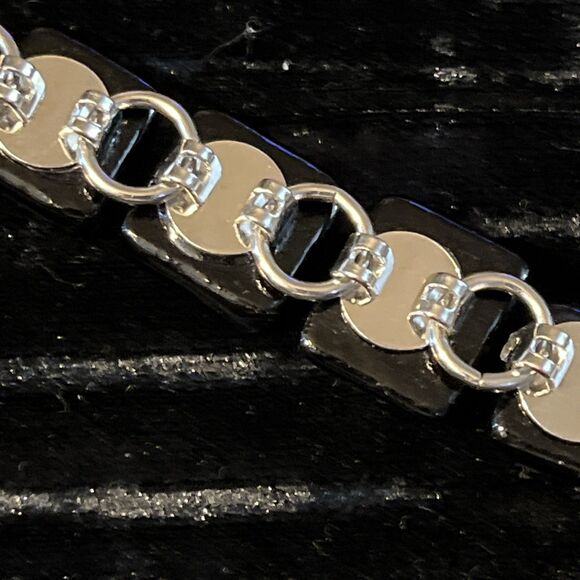 Dichroic Art Glass Silver & Black Tile Silvertone Chain Bracelet Fold Over Clasp - Picture 8 of 11